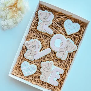 Teddies Spelling LOVE Cookie Stamp & Cutter plus Mini Heart Cutter and XO texture plate - 10 Pieces